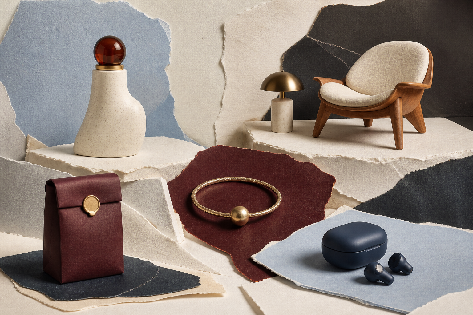 Editorial paper collage featuring a beauty bottle, chair and lamp, jewellery, packaged product and technology accessory